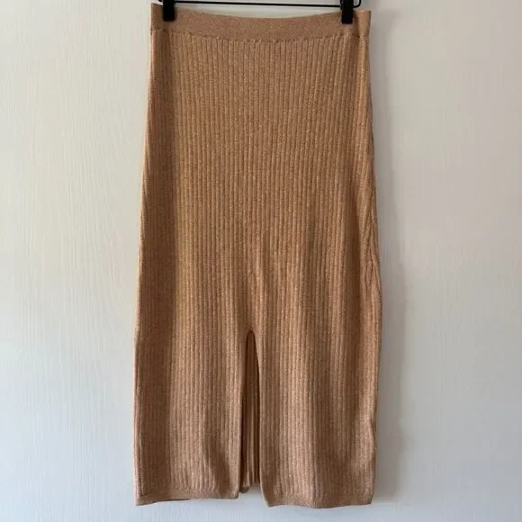 Free People Womens Skyline Ribbed Midi Skirt Tan Cocoa Heather Size Large - Picture 2 of 6